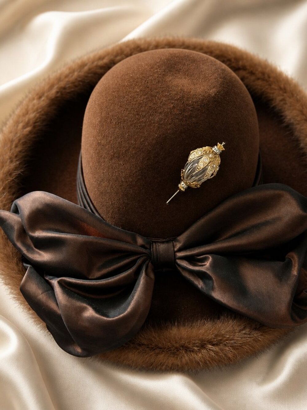 Irene of New York Vintage Fur Trimmed Felt Hat w/ Satin Bow & Ornate Brooch